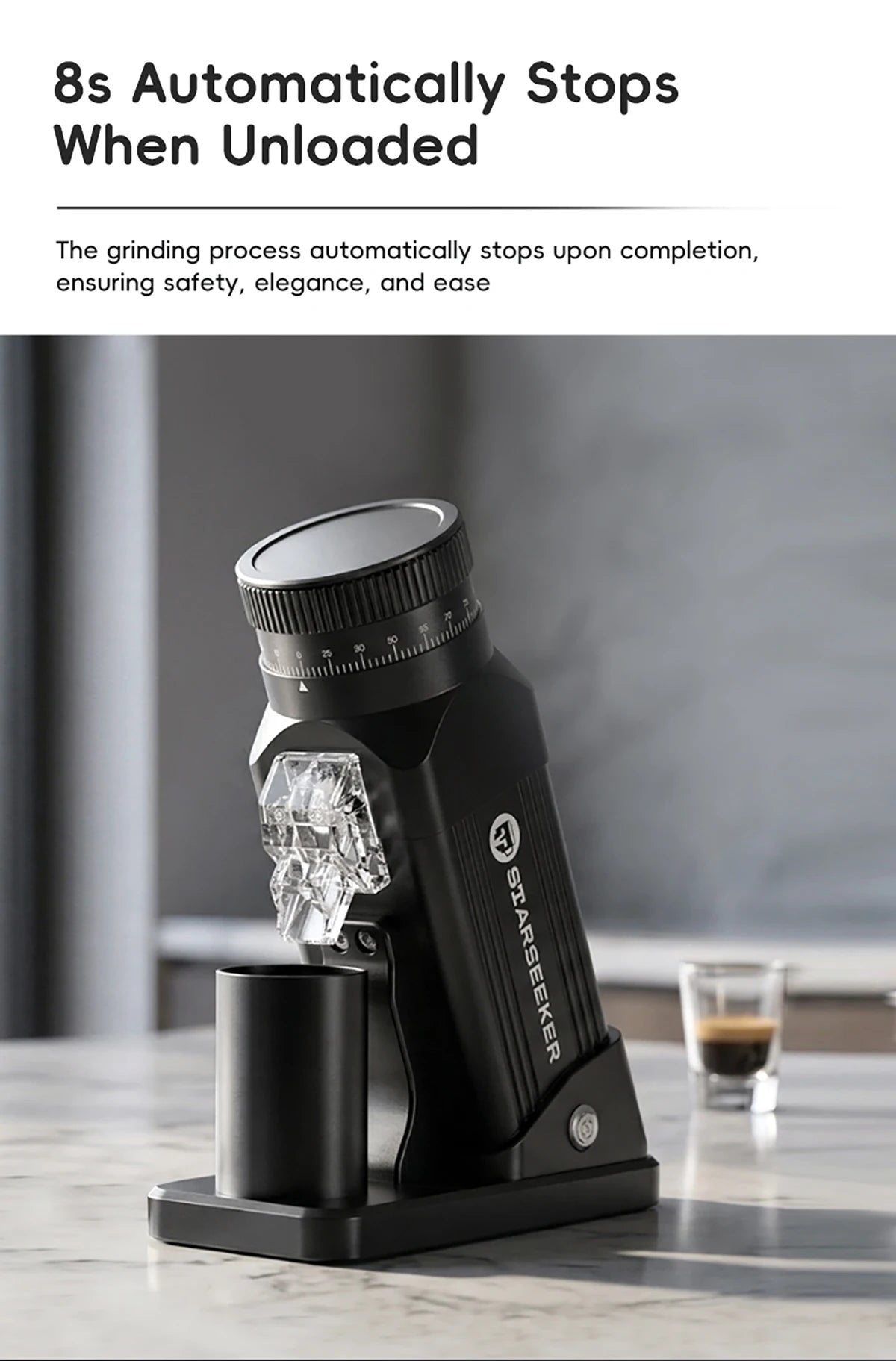 STARSEEKER E64 Electric Coffee Grinder – 64mm Titanium Flat Burr, Stepless Adjustment, EU Plug