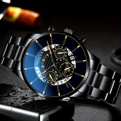 Men's Quartz Watch Set – 3-Piece Stainless Steel Strap, Circular Dial, Date Function