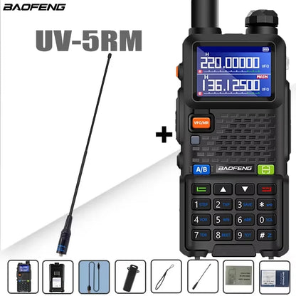 Baofeng UV-5RM walkie talkie with four-band radio, large 3800mAh battery, and digital display showing controls and antenna.