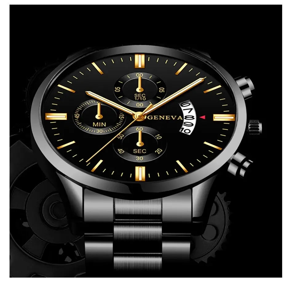 Men’s luxury stainless steel quartz wristwatch with calendar feature, stylish business accessory from R.E.D. Shopping.
