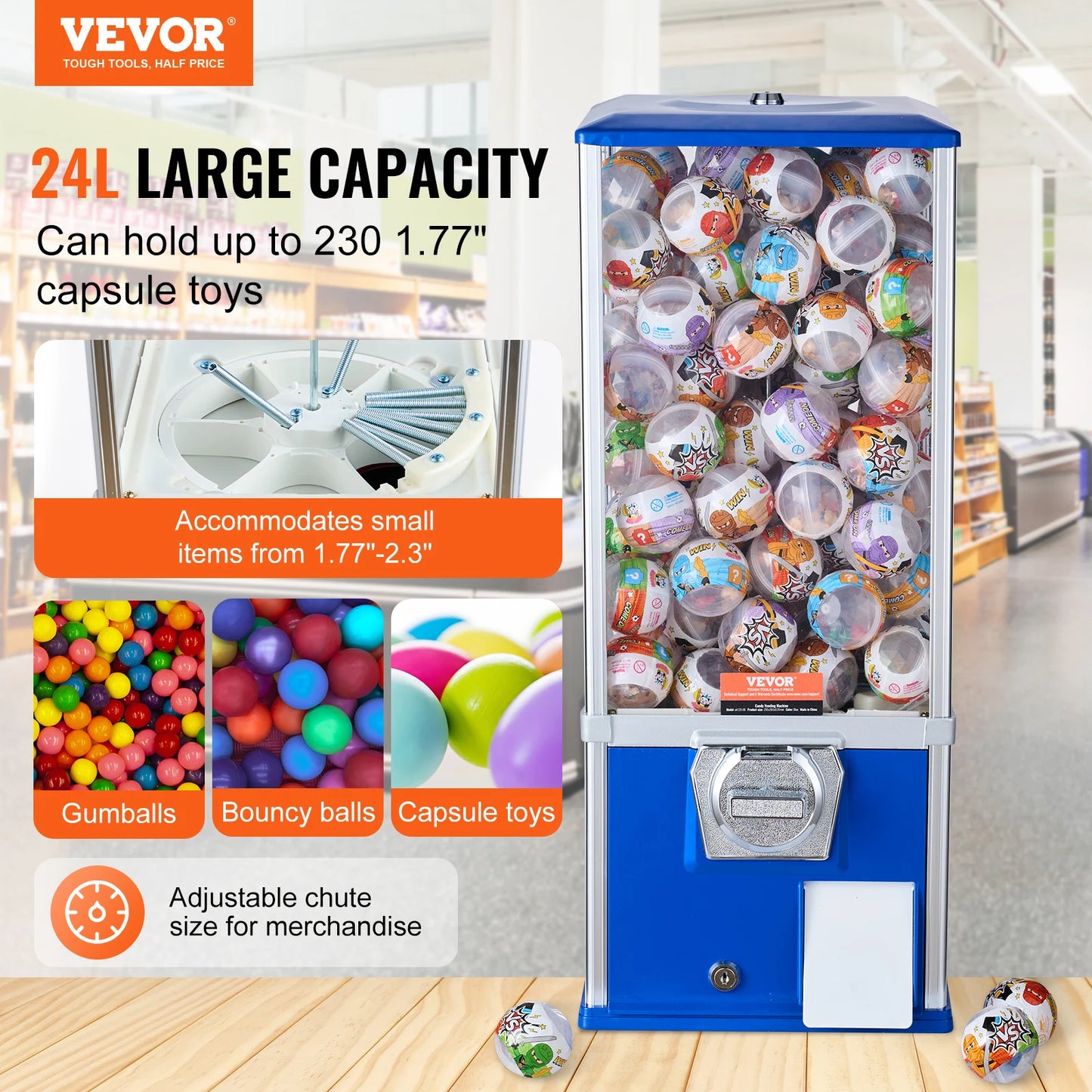 VEVOR 25-inch Gumball Machine | 230 Capsule Toys, Coin Operated, Blue Rectangle, Kids & Game Stores