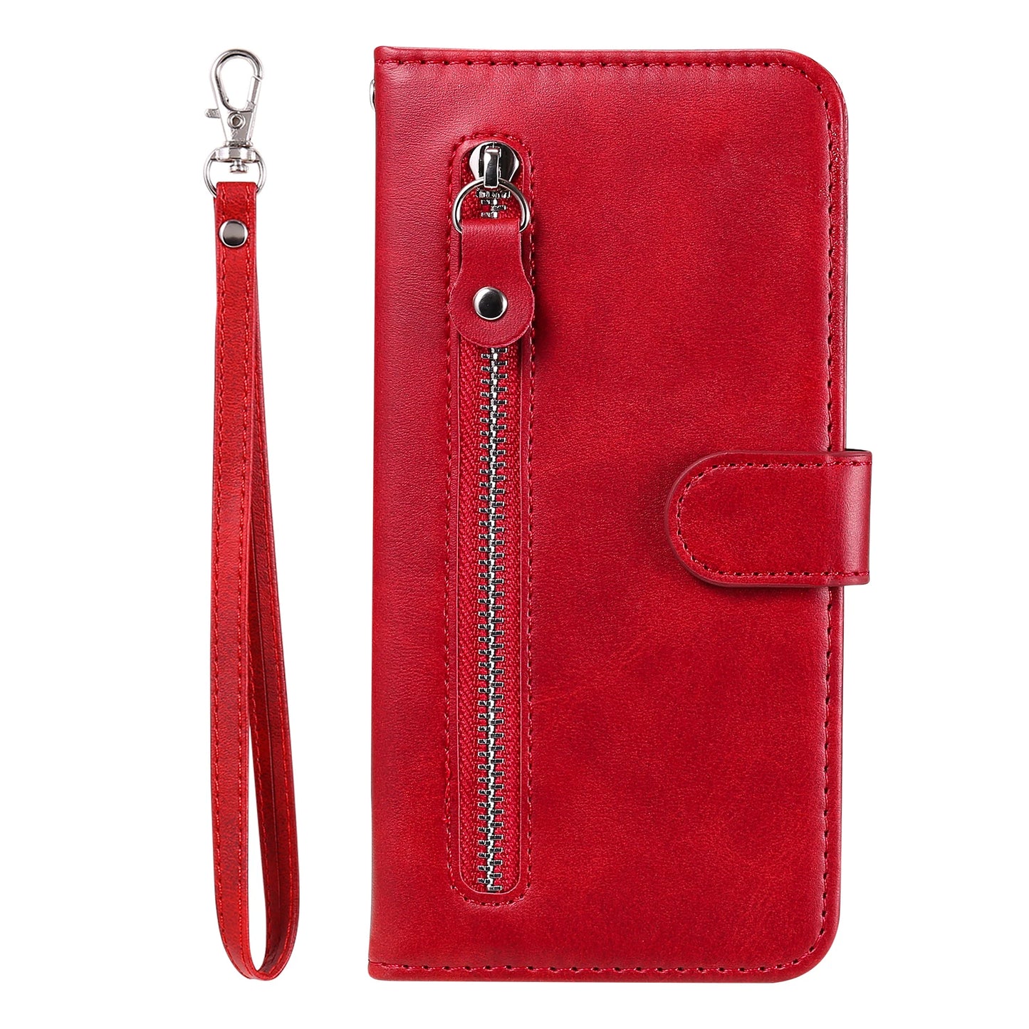 iPhone 16 Plus leather zipper wallet case with card slots and magnetic stand, featuring a stylish, protective design.