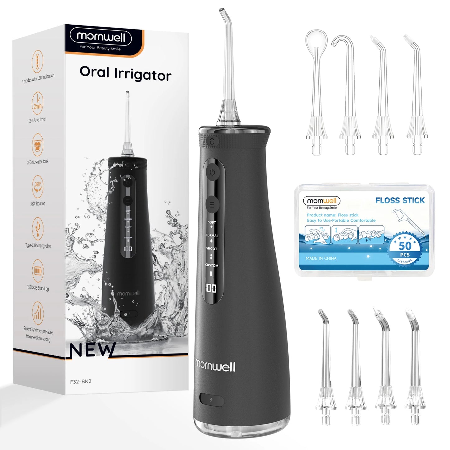 Cordless Water Flosser | 4 Jet Tips | 4 Modes | 260ml | IPX7 Waterproof