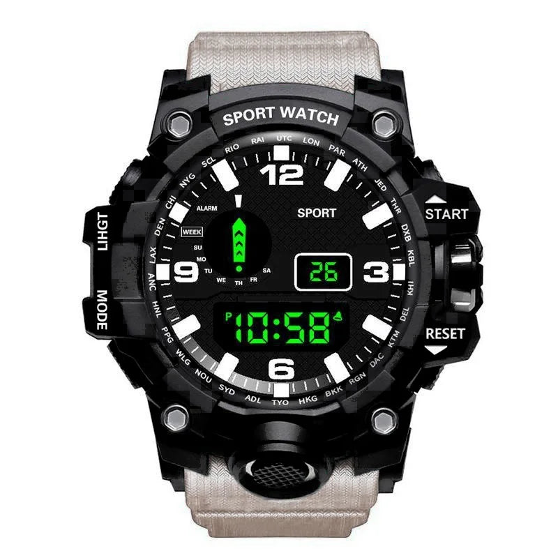 Men's sports electronic wristwatch with large dial, waterproof, luminous display, and alarm from R.E.D. Shopping.