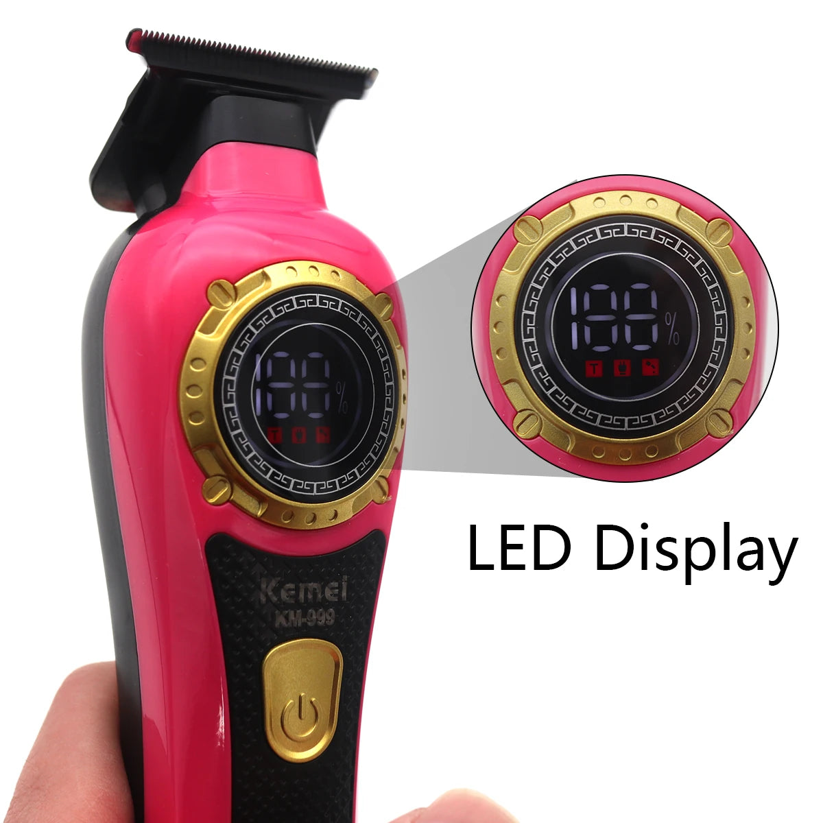 Kemei KM-999 Professional Hair Trimmer – DLC T-Blade, Zero Gap, LED Display, Cordless USB Clipper