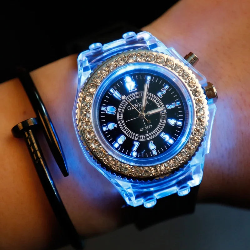 LED Flash Luminous Watch by R.E.D. Shopping featuring rhinestone accents and a silicone wristband, suitable for kids and adults.