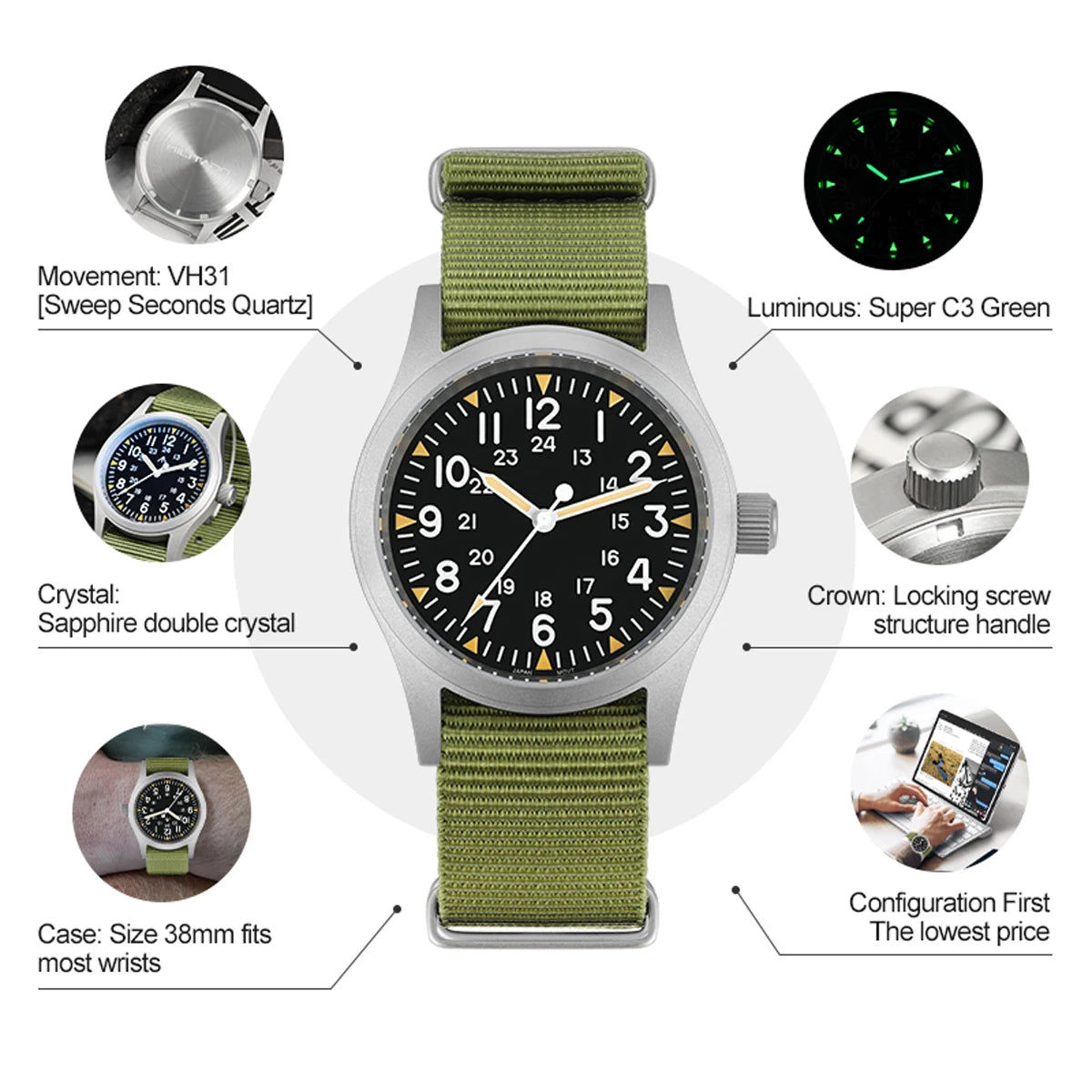 Militado ML05 Vintage Field Watch – 38mm, VH31 Sweep, Sapphire AR Crystal, Luminous