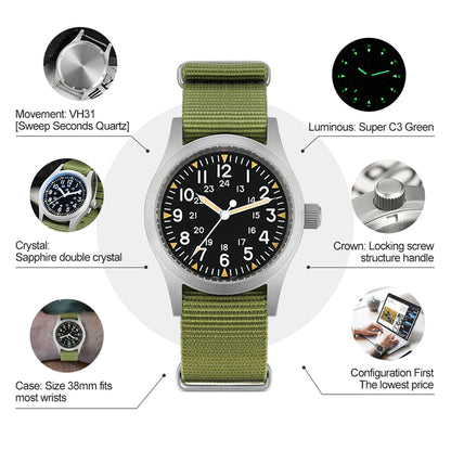 Militado ML05 Vintage Field Watch – 38mm, VH31 Sweep, Sapphire AR Crystal, Luminous