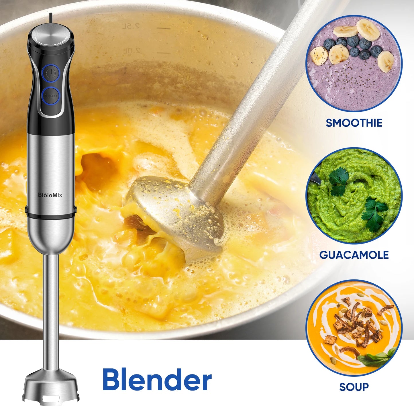 BioloMix 5-in-1 1500W Immersion Hand Blender – Stainless Steel Food Processor