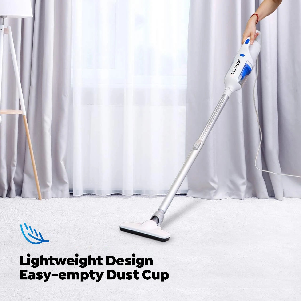 Laresar L3 cordless vacuum cleaner with 400W power, 20Kpa suction, washable HEPA filter, and pet hair removal.