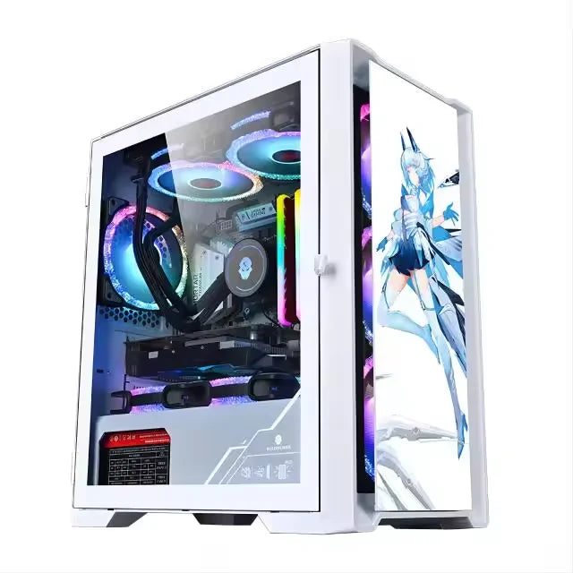 Red R.E.D. Shopping gaming PC with tempered glass case, Core i7 CPU, 16GB RAM, and 256GB SSD inside a desktop computer.