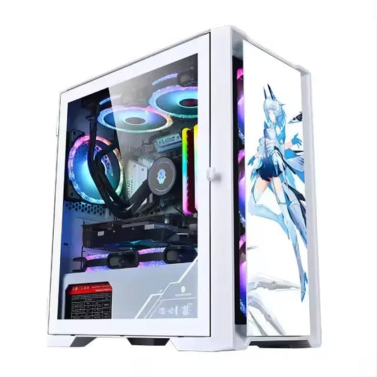 Red R.E.D. Shopping gaming PC with tempered glass case, Core i7 CPU, 16GB RAM, and 256GB SSD inside a desktop computer.
