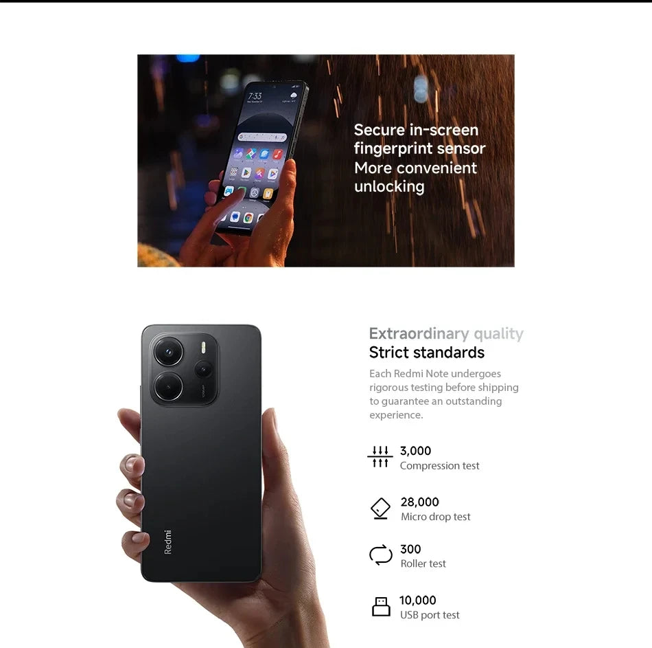 Xiaomi Redmi Note 14 smartphone with 108MP camera, 120Hz display, and MediaTek Helio G99 processor, in black color.