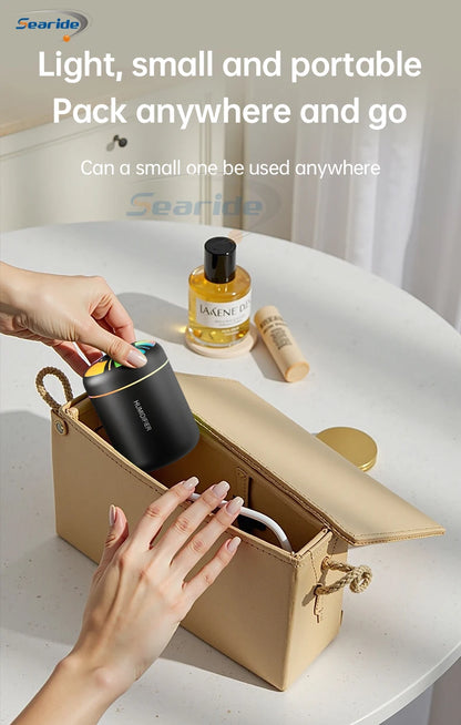 Searide Mini USB Humidifier – 180ml Ultrasonic Aroma Diffuser, Color LED, Touch Control, for Car, Home & Bedroom