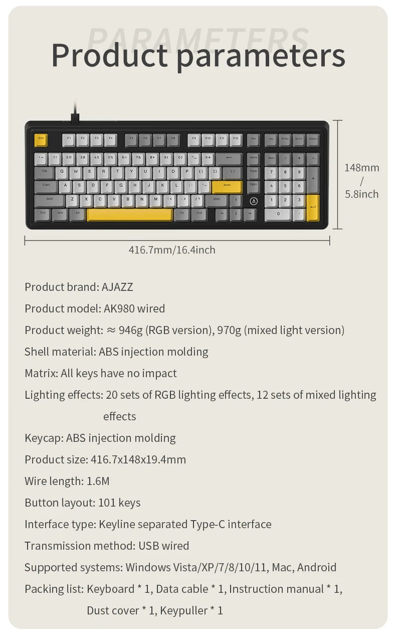 AJAZZ AK980 Mechanical Keyboard – 98-Key, Wired, Hot-Swap, Gasket Mount, RGB, CE/RoHS