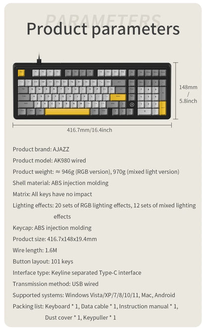 AJAZZ AK980 Mechanical Keyboard – 98-Key, Wired, Hot-Swap, Gasket Mount, RGB, CE/RoHS