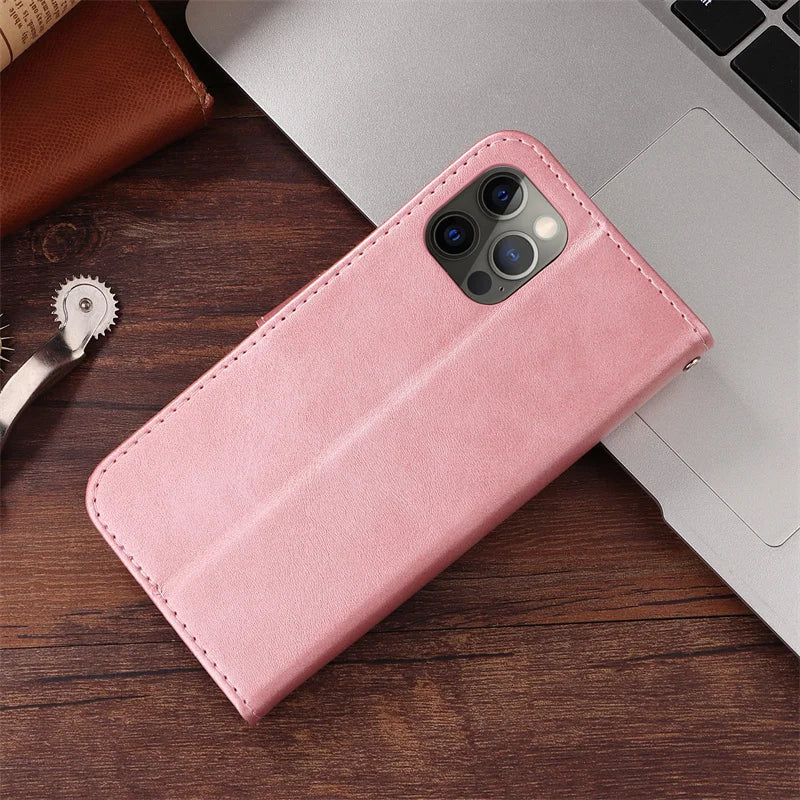 R.E.D. Shopping iPhone 16 Plus zipper wallet case with leather cover, card slots, and magnetic stand for mobile phone protection.