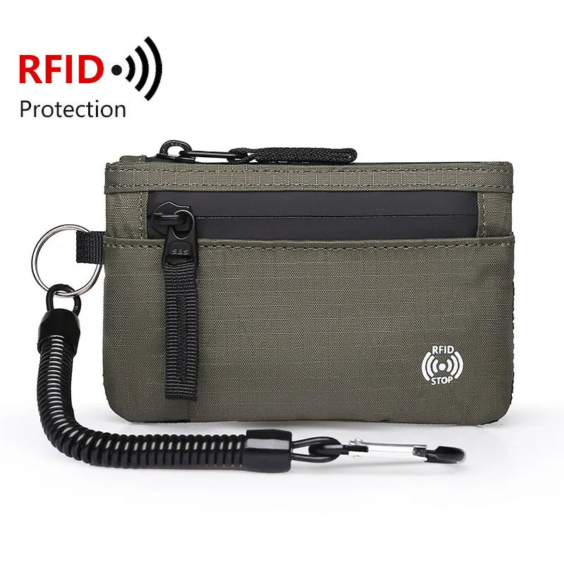 RFID Nylon Mini Wallet with Zipper & D-Ring Clip