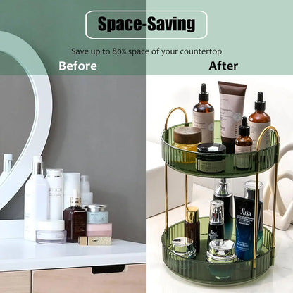 360° Rotating Makeup Organizer | 2-Layer Vanity Skincare & Cosmetic Storage