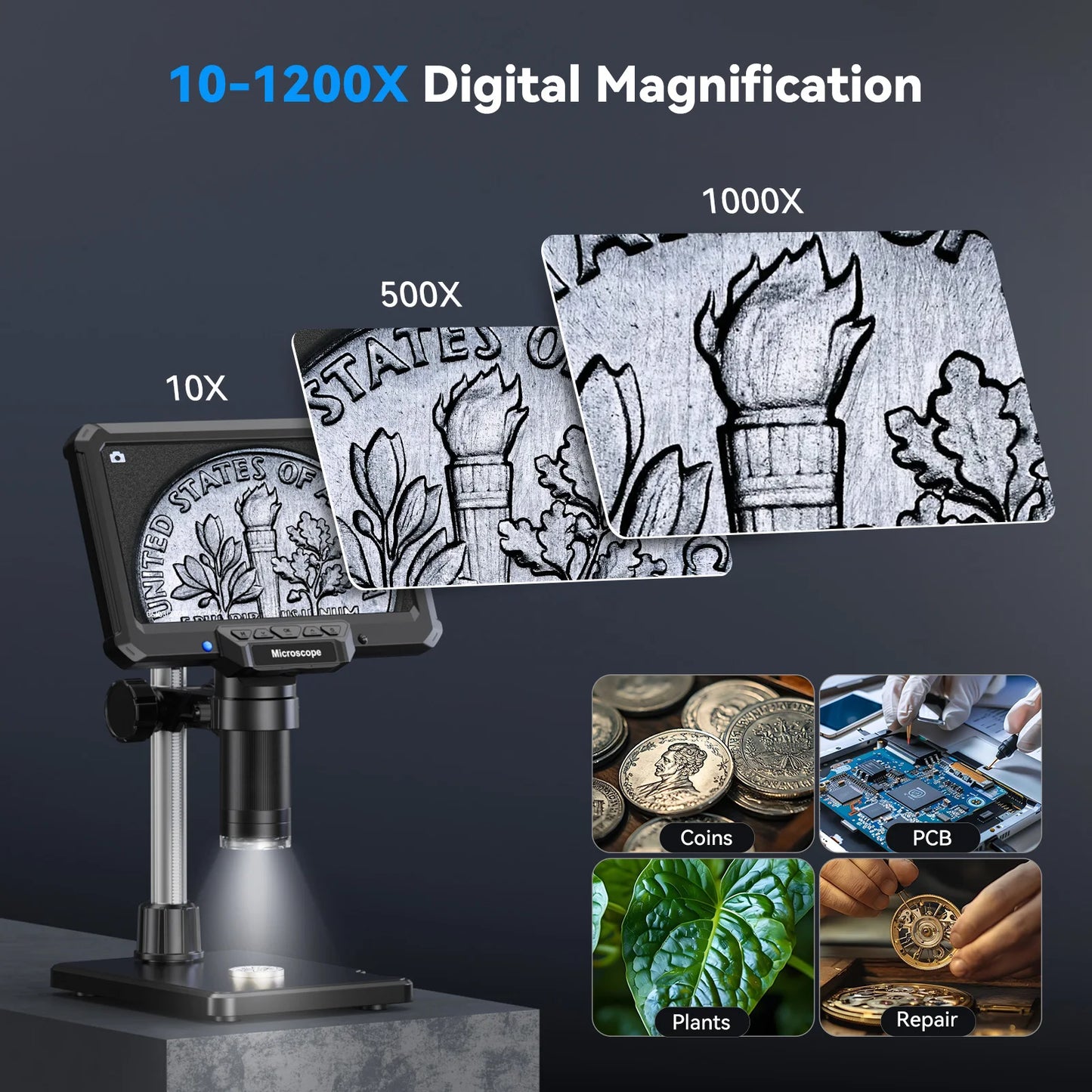7" 1200X 16MP HD Electronic Digital Microscope – Camera for PCB, Phone & Coin Inspection
