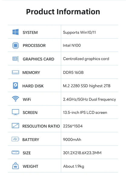 BYONE 13.5" Dual Screen 2-in-1 Touch Laptop | Intel N100 | 16GB DDR5 | Up to 2TB SSD | 2.5K UHD | 9000mAh | 180° Foldable