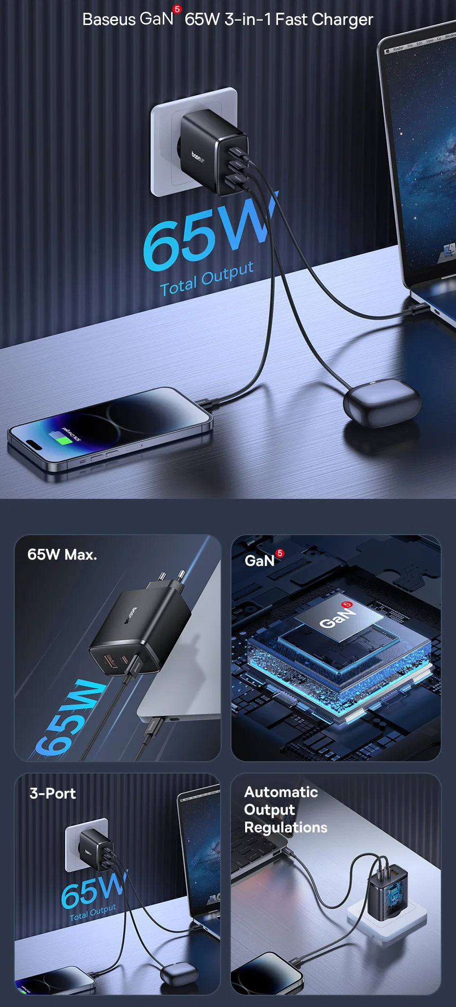 Baseus 65W GaN USB-C Charger | QC + PD Fast Charging for iPhone 17/16/15, Xiaomi & Laptops