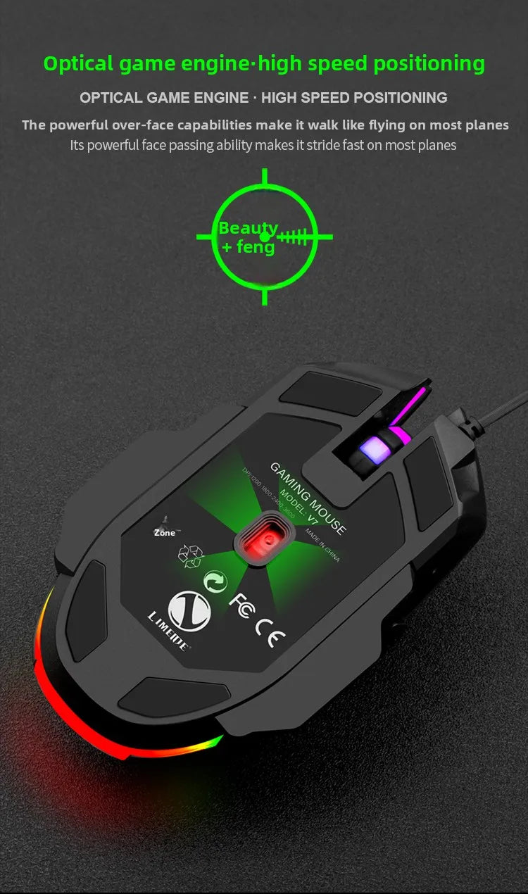 R.E.D. Shopping V7 wired mechanical gaming mouse with LED lights, ambidextrous design for laptops and desktops, computer accessory.