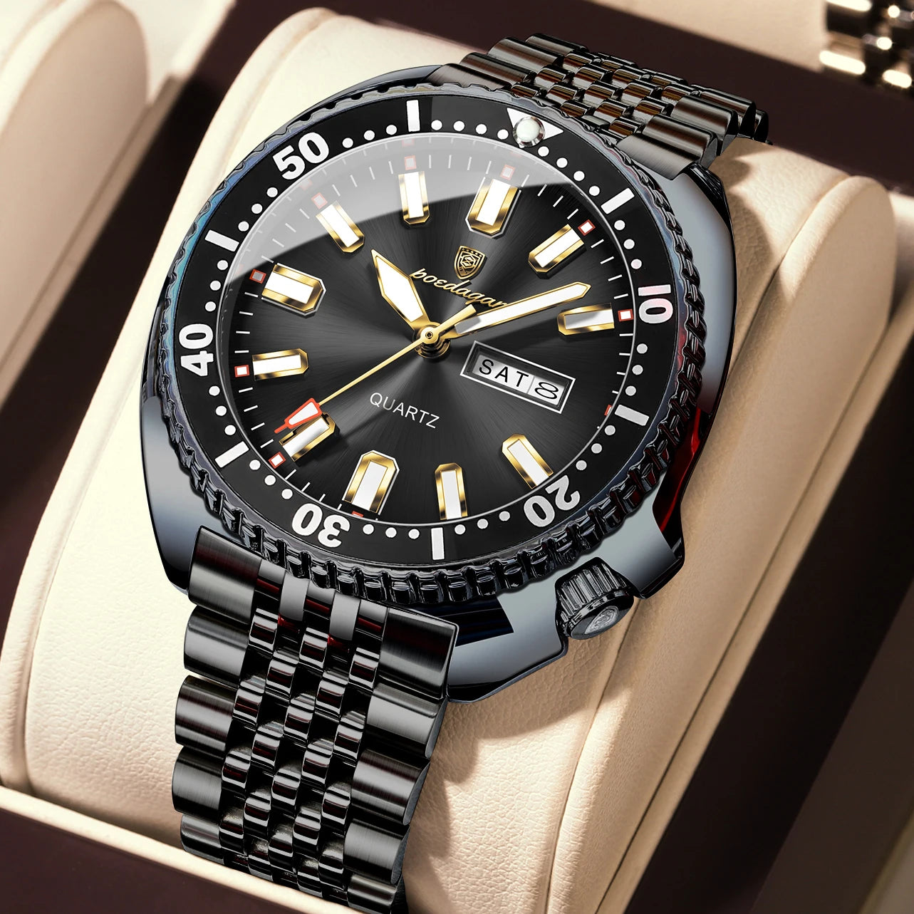 POEDAGAR Luxury Men's Quartz Watch – Date, Week, Luminous & Waterproof Stainless Steel