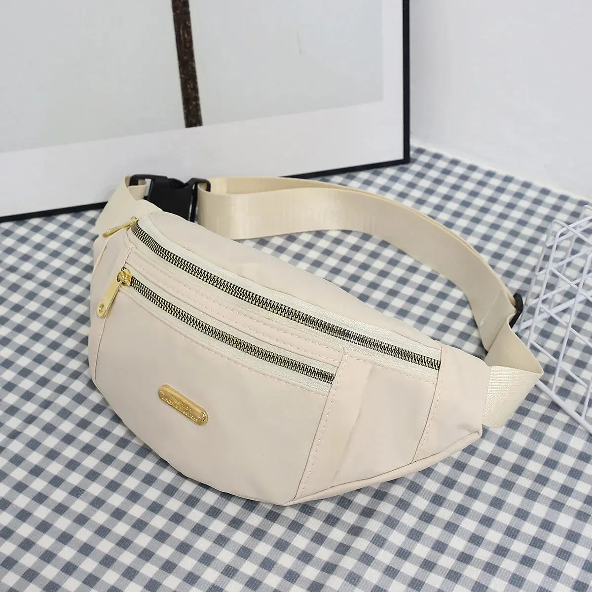 Women's R.E.D. Shopping sports waist bag with multiple compartments, worn as a fanny pack or crossbody for outdoor activities.