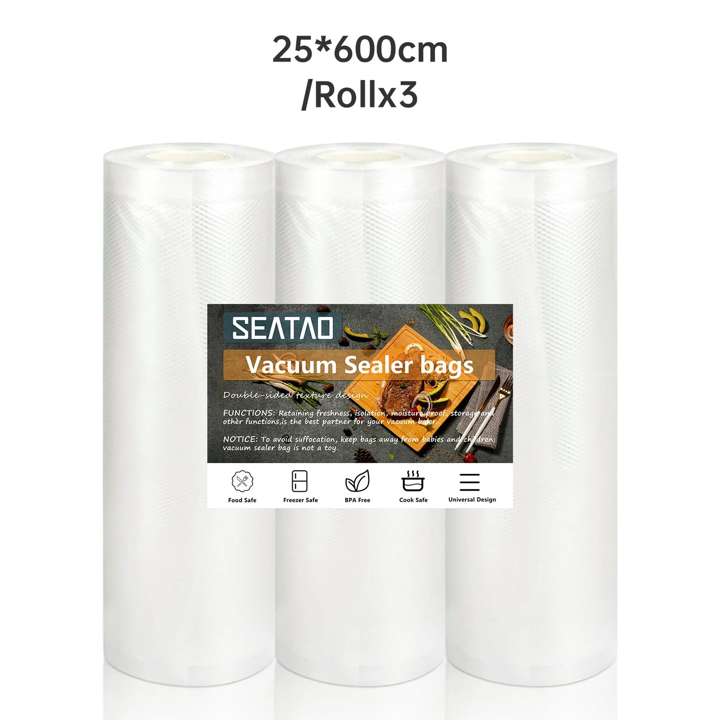 SEATAO vacuum food storage bags in various sizes, designed for vacuum sealer, long-lasting freshness, and food preservation.