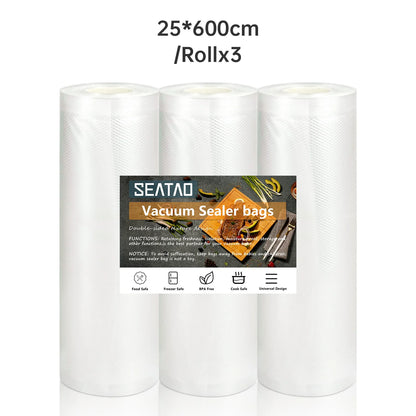 SEATAO vacuum food storage bags in various sizes, designed for vacuum sealer, long-lasting freshness, and food preservation.