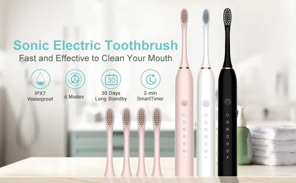 Xiaomi 6 Gear Sonic Electric Toothbrush with 8 brush heads, waterproof design, rechargeable, smart features, and whitening capability.