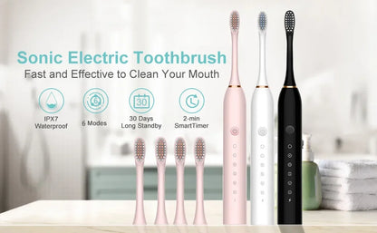 Xiaomi 6 Gear Sonic Electric Toothbrush with 8 brush heads, waterproof design, rechargeable, smart features, and whitening capability.