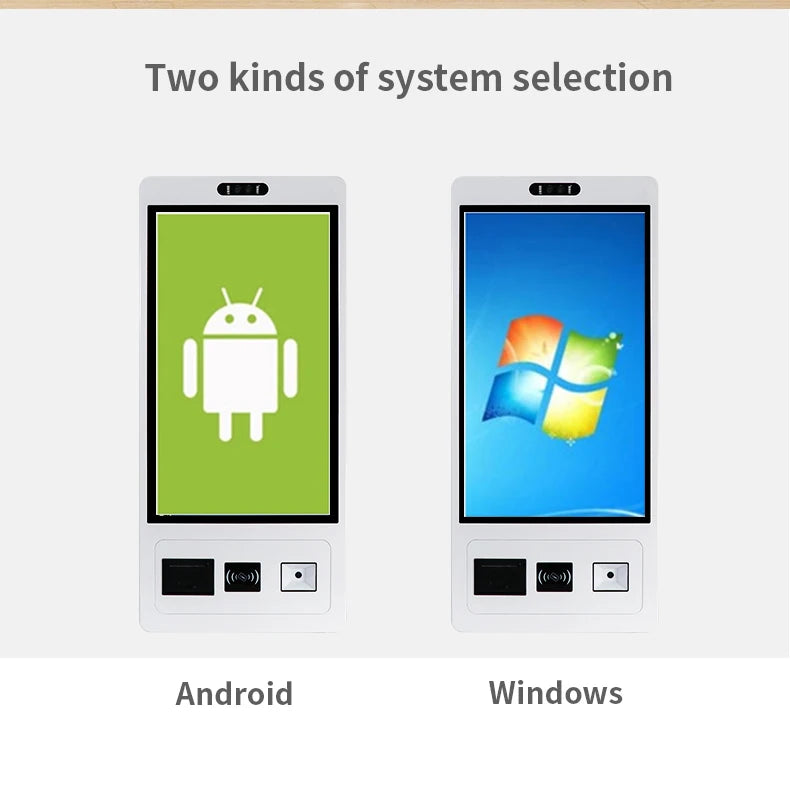 TouchWo 27-32 inch touchscreen kiosk by R.E.D. Shopping for ticketing, payments, and ordering on Windows or Android systems.