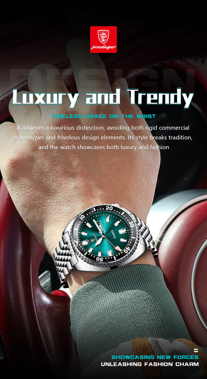 POEDAGAR Luxury Men's Quartz Watch – Date, Week, Luminous & Waterproof Stainless Steel