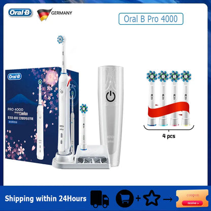 Oral-B Pro 4000 Electric Toothbrush – 3D Action, Pressure Sensor, 4 Modes, Gum Care, Waterproof