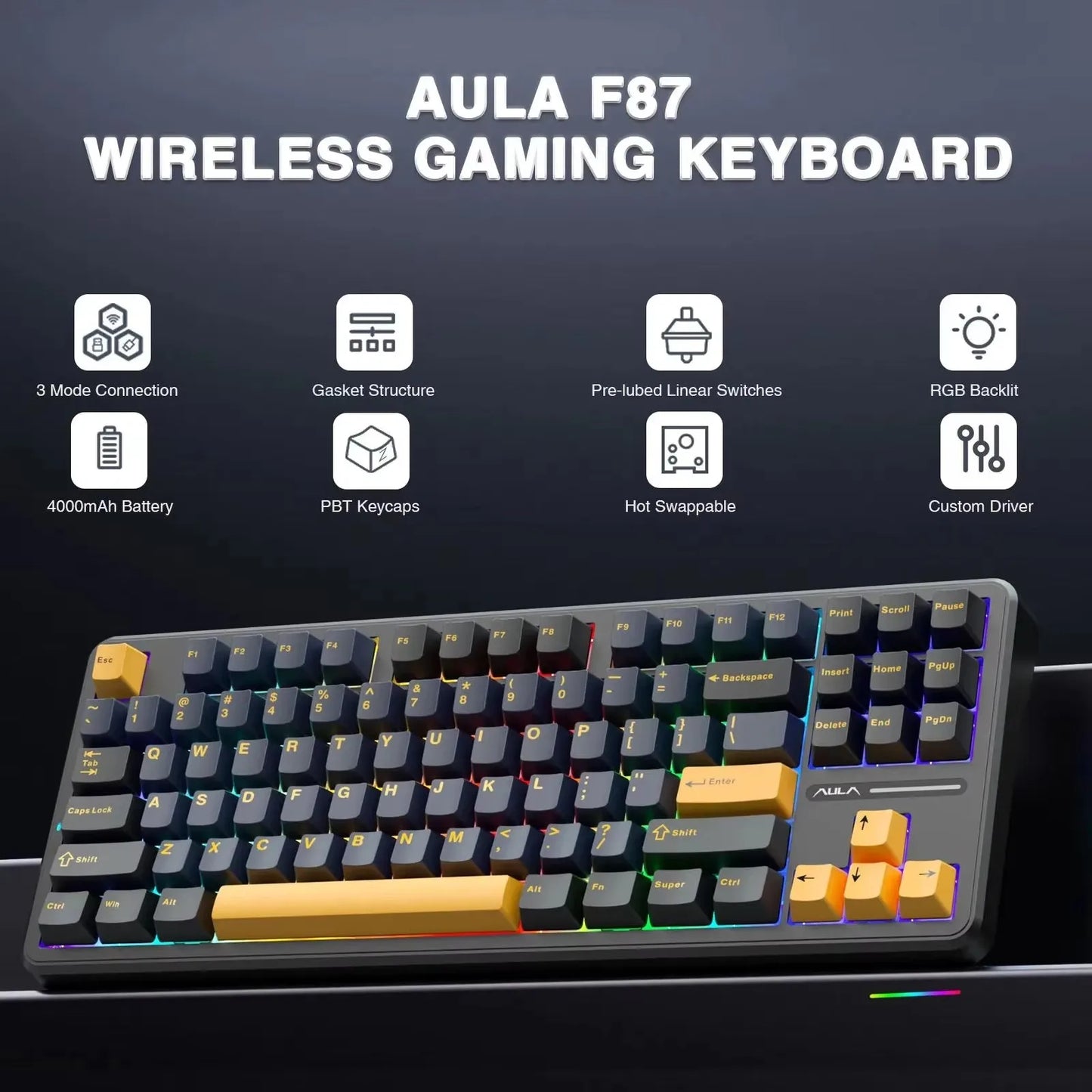 AULA F87 Pro Mechanical Keyboard – 87-Key, Tri-Mode, 8000mAh, Hot Swap, RGB, PBT Gasket