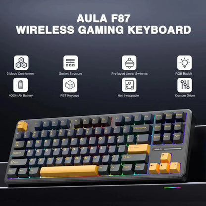 AULA F87 Pro Mechanical Keyboard – 87-Key, Tri-Mode, 8000mAh, Hot Swap, RGB, PBT Gasket