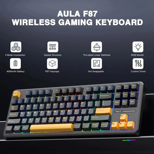 AULA F87 Pro Mechanical Keyboard – 87-Key, Tri-Mode, 8000mAh, Hot Swap, RGB, PBT Gasket