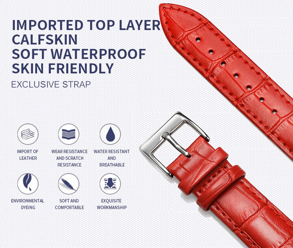 Premium Genuine Leather Watch Strap | 12–24mm, 9 Colors + Tool
