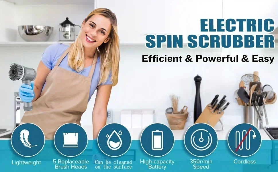 Electric spin scrubber by R.E.D. Shopping with five replaceable cleaning heads for bathroom and household cleaning tasks.