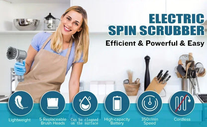 Electric spin scrubber by R.E.D. Shopping with five replaceable cleaning heads for bathroom and household cleaning tasks.
