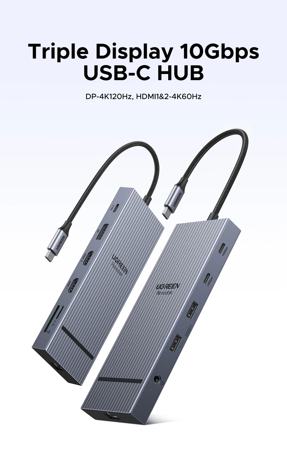 UGREEN USB-C Hub – Up to 12-in-1, 4K120Hz DP, 2xHDMI, RJ45, USB3.2 Gen2 10Gbps