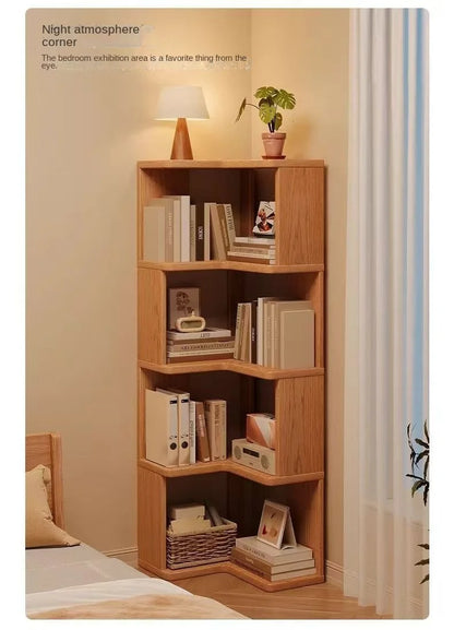 Solid wood corner bookshelf by R.E.D. Shopping featuring multiple shelves for stylish, space-saving home storage in living rooms.