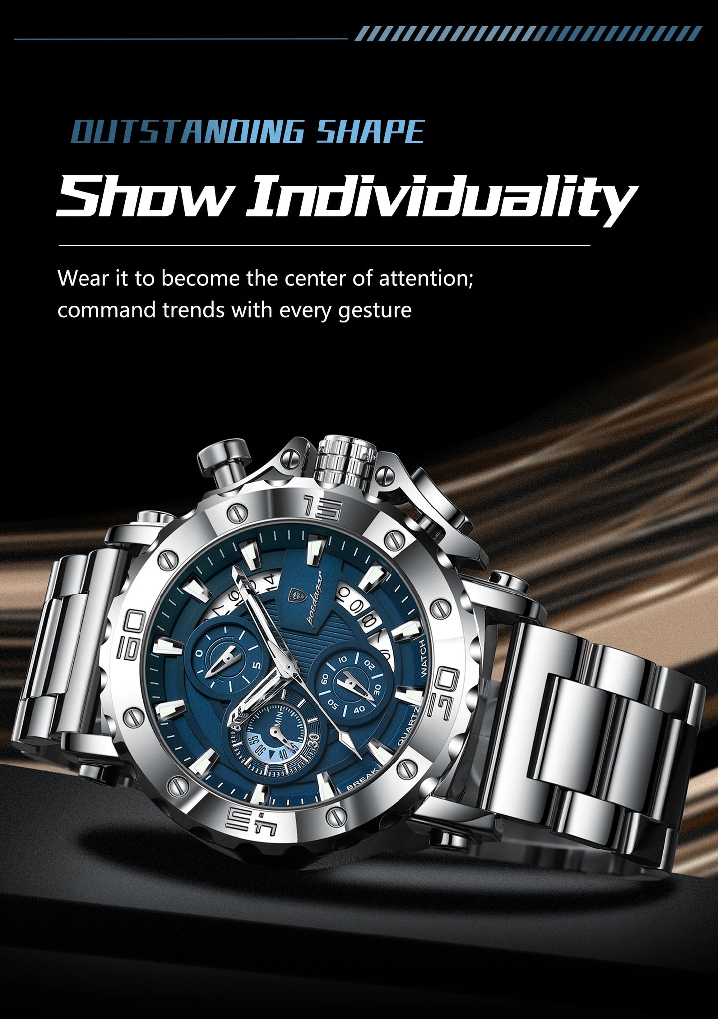 POEDAGAR Men's Luxury Chronograph Watch – Calendar, Luminous, Waterproof, Stainless Steel Quartz
