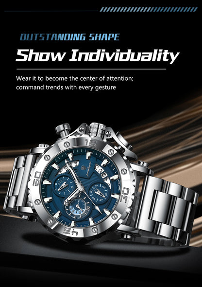 POEDAGAR Men's Luxury Chronograph Watch – Calendar, Luminous, Waterproof, Stainless Steel Quartz