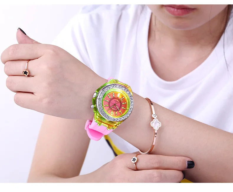 LED Flash Luminous Watch by R.E.D. Shopping featuring rhinestones and silicone strap, ideal for kids and adults.