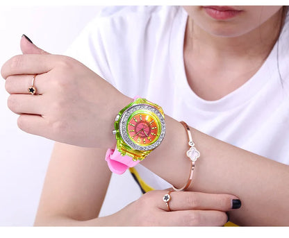 LED Flash Luminous Watch by R.E.D. Shopping featuring rhinestones and silicone strap, ideal for kids and adults.