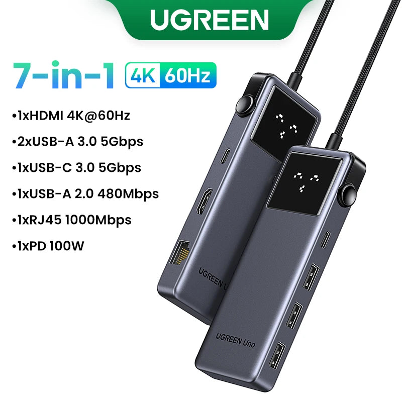 UGREEN Uno USB-C Hub – 4K60Hz HDMI, 1Gbps LAN, PD100W, USB 3.0