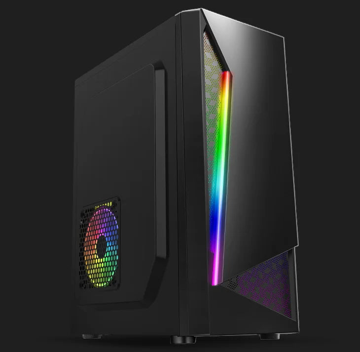 Aotesier Budget Gaming Desktop PC with AMD A8-7680, 8G RAM, 120G SSD, Windows 10 Pro, black computer tower and monitor.